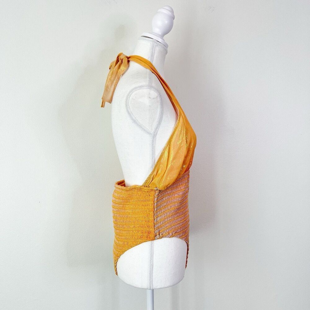 Rococo Sand Leal Halter Bodysuit NEW Metallic Size Large Orange Pink - Picture 8 of 12
